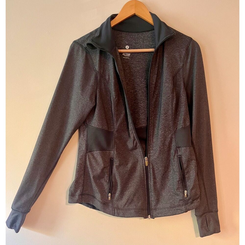 Active By Old Navy Fitted Zip Up Jacket Womens Medium Gray Heathered Zip Pockets